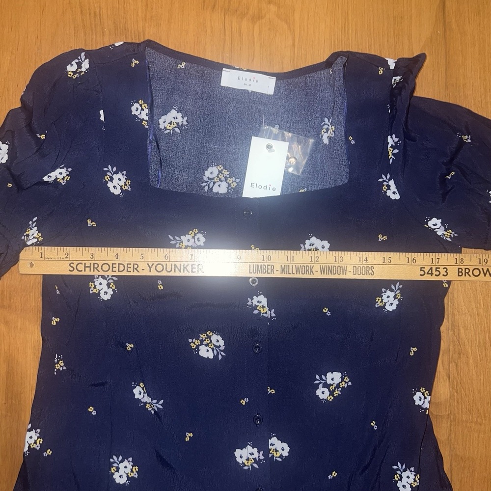 NEW Elodie Women's Size M Navy Blue Floral Puff Sleeve Shirt From Anthropologie - Picture 7 of 8